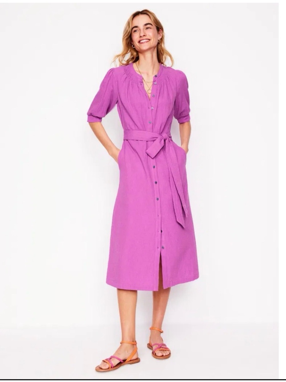 Boden Ada Tie-Waist Button-Front Midi Dress, Magenta, US Size 6P